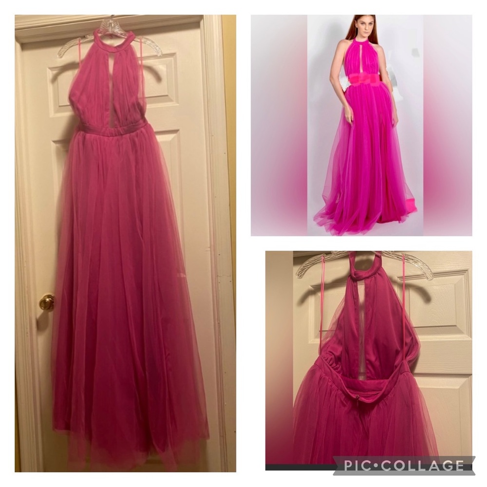 NWT- beautiful fuchsia backless tulle maxi gown size Large. Buttons around neck